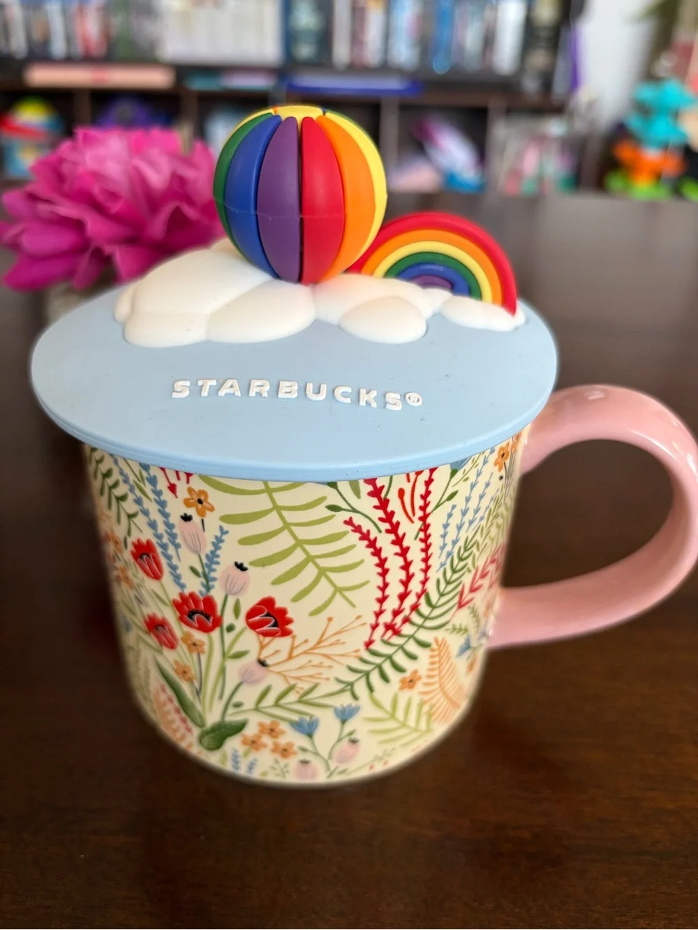 Starbucks Pastel Blue Floral Mug with Rainbow Silicone Topper